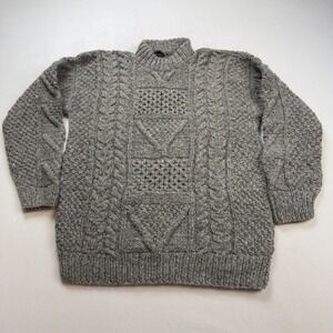 VTG OTAVALO Native American Men's LG‎ Hand Knit Wool Sweater Gray Aran Fisherman
